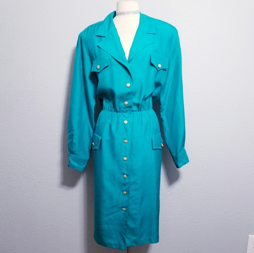 Vintage 80's retro SILK glam gold buttons long sleeve dress